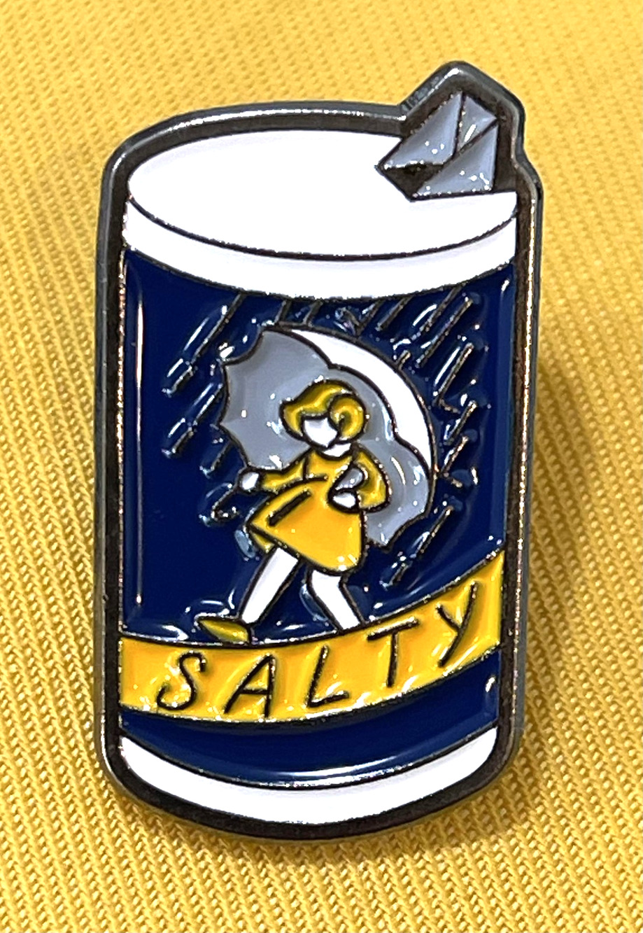 NWOT Retro Blue Enamel Lapel Pin Brooch SALTY Girl Umbrella Rain Silver Toned